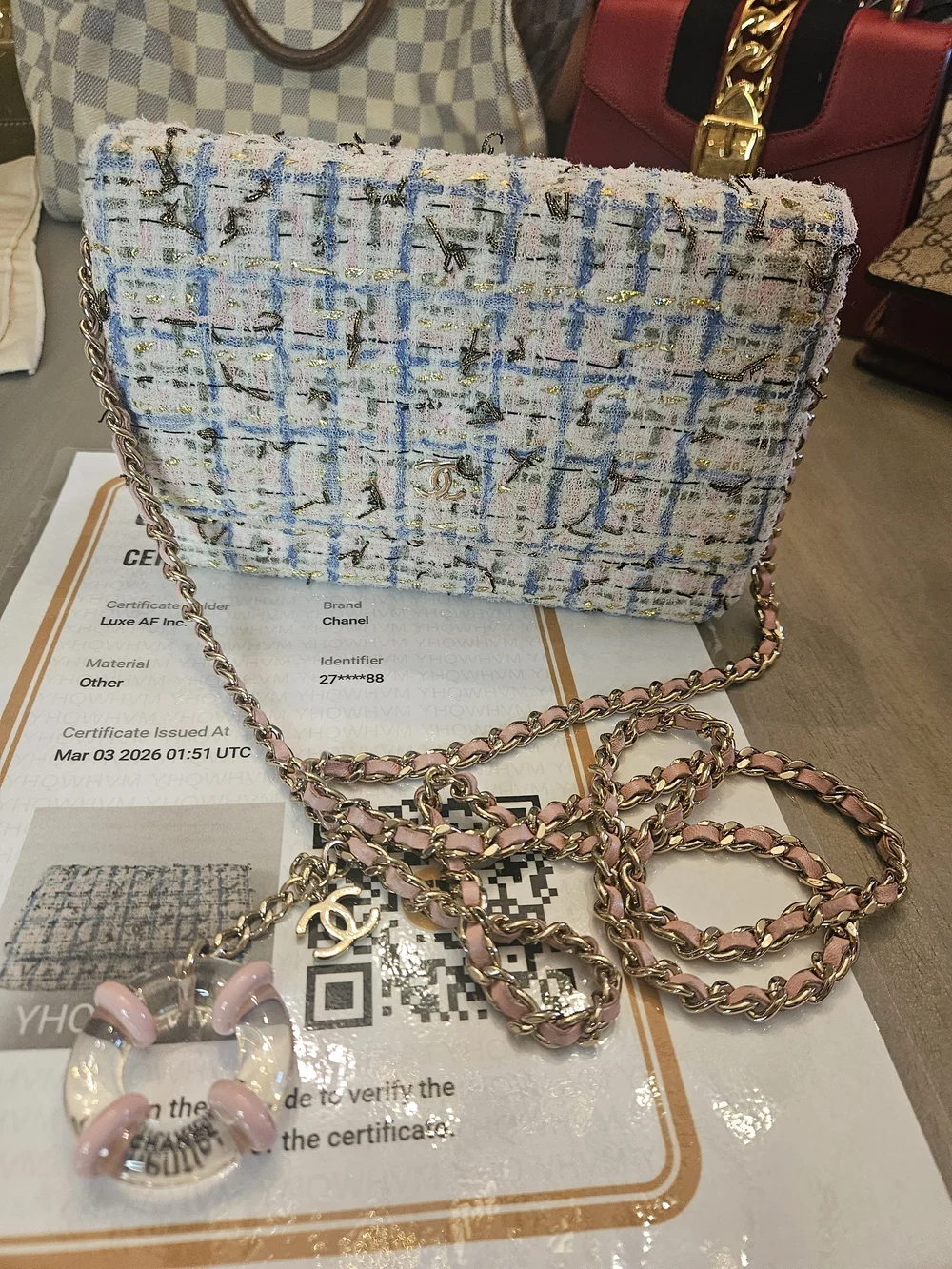 CHANEL Pastel Tweed Crossbody WOC in Pink, Blue & White Chain & Authenticity